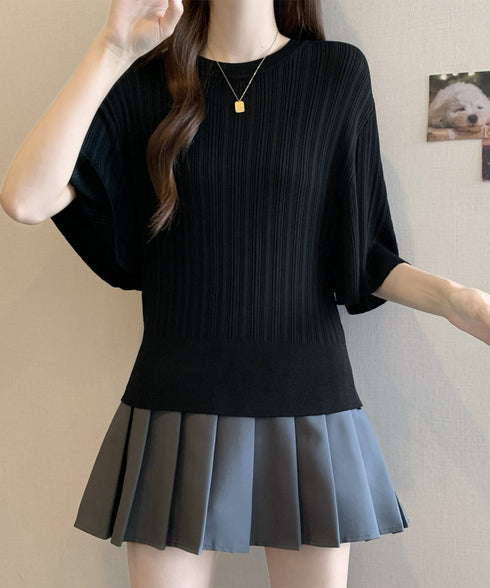 フレアースリーブニットトップスレディース 半袖サマーニット 冷感タッチ ニットブラウス 上品きれいめ ニットTシャツ オフィスカジュアル 華奢見えドルマンスリーブ 87BINGXIU-002