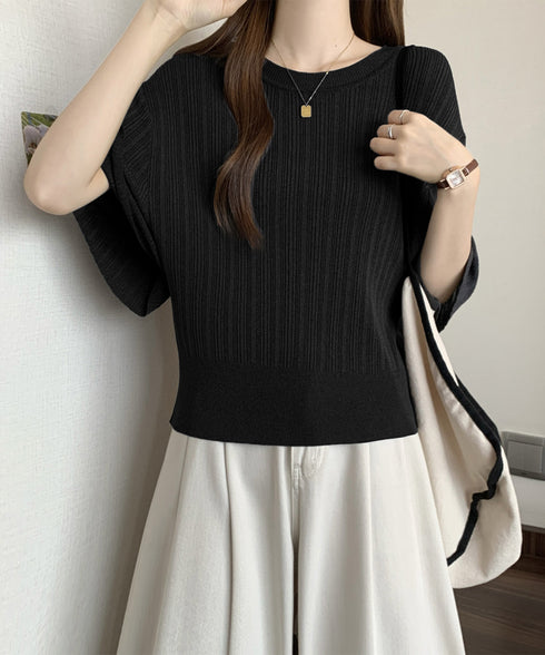 フレアースリーブニットトップスレディース 半袖サマーニット 冷感タッチ ニットブラウス 上品きれいめ ニットTシャツ オフィスカジュアル 華奢見えドルマンスリーブ 87BINGXIU-002
