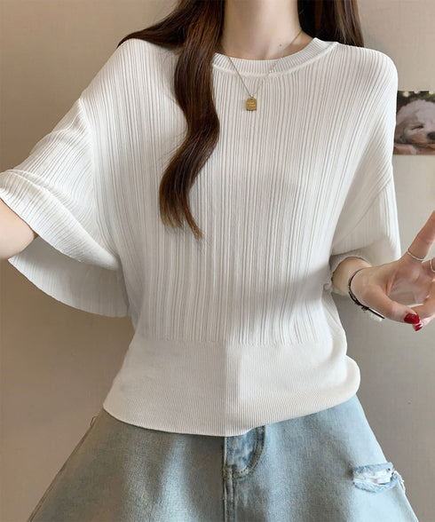 フレアースリーブニットトップスレディース 半袖サマーニット 冷感タッチ ニットブラウス 上品きれいめ ニットTシャツ オフィスカジュアル 華奢見えドルマンスリーブ 87BINGXIU-002