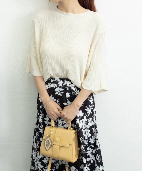 フレアースリーブニットトップスレディース 半袖サマーニット 冷感タッチ ニットブラウス 上品きれいめ ニットTシャツ オフィスカジュアル 華奢見えドルマンスリーブ 87BINGXIU-002