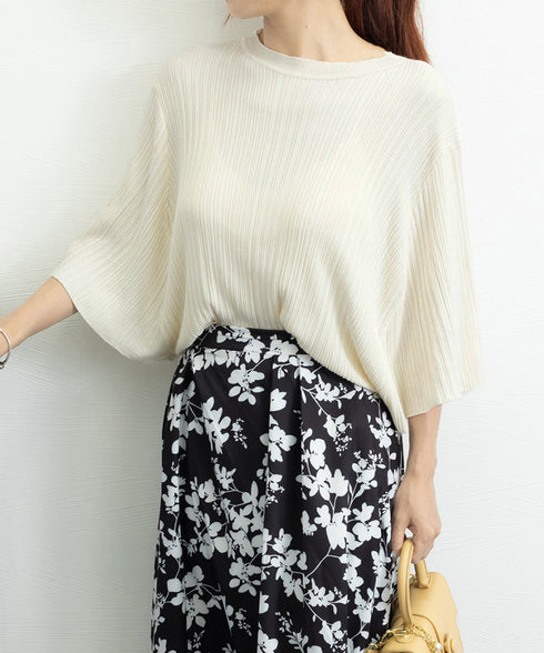 フレアースリーブニットトップスレディース 半袖サマーニット 冷感タッチ ニットブラウス 上品きれいめ ニットTシャツ オフィスカジュアル 華奢見えドルマンスリーブ 87BINGXIU-002