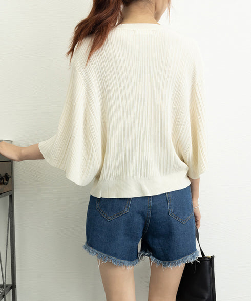 フレアースリーブニットトップスレディース 半袖サマーニット 冷感タッチ ニットブラウス 上品きれいめ ニットTシャツ オフィスカジュアル 華奢見えドルマンスリーブ 87BINGXIU-002