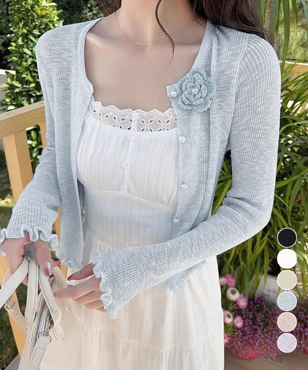 サマーニットカーディガン 花モチーフ付き 詳細画像1