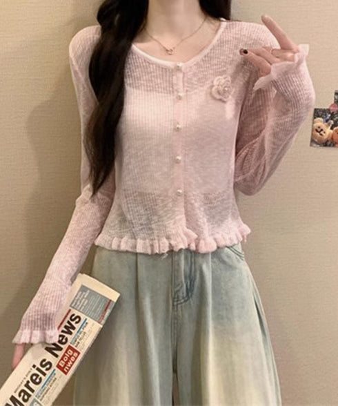 サマーニットカーディガン 花モチーフ付き フリルボレロ レディース ショートサマーニットトップス きれいめ 長袖羽織り 大人可愛いシアーカーディガン 冷房対策上着 87BINGXIU-003