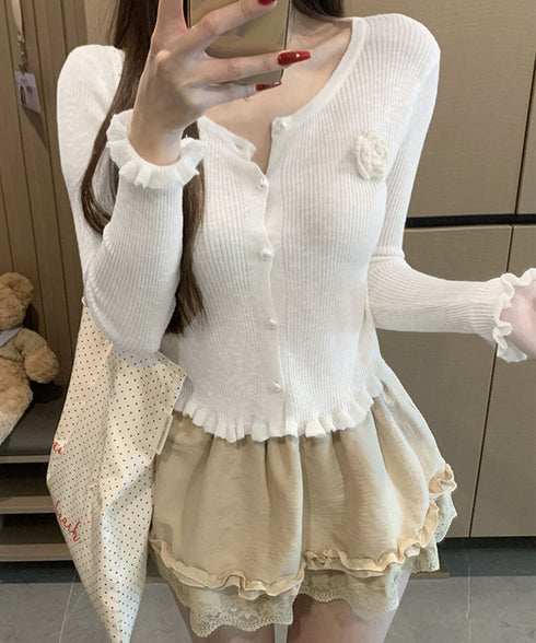 サマーニットカーディガン 花モチーフ付き フリルボレロ レディース ショートサマーニットトップス きれいめ 長袖羽織り 大人可愛いシアーカーディガン 冷房対策上着 87BINGXIU-003