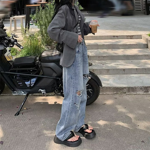 ダメージジーンズ レディースデニムパンツ 韓国ハイウエスト カジュアル ストレートジーンズ クラッシュデニムパンツ ウォッシュ加工 ストリート ジーパン おしゃれ 87BIXIN-001
