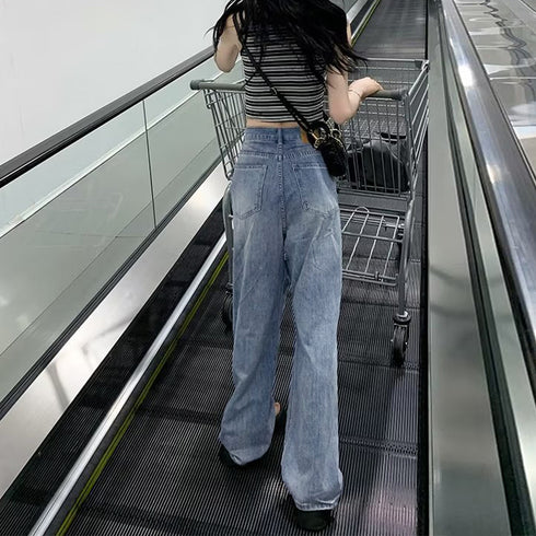 ダメージジーンズ レディースデニムパンツ 韓国ハイウエスト カジュアル ストレートジーンズ クラッシュデニムパンツ ウォッシュ加工 ストリート ジーパン おしゃれ 87BIXIN-001
