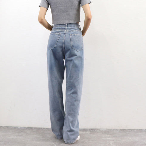 ダメージジーンズ レディースデニムパンツ 韓国ハイウエスト カジュアル ストレートジーンズ クラッシュデニムパンツ ウォッシュ加工 ストリート ジーパン おしゃれ 87BIXIN-001