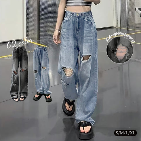 ダメージジーンズ レディースデニムパンツ 韓国ハイウエスト カジュアル ストレートジーンズ クラッシュデニムパンツ ウォッシュ加工 ストリート ジーパン おしゃれ 87BIXIN-001