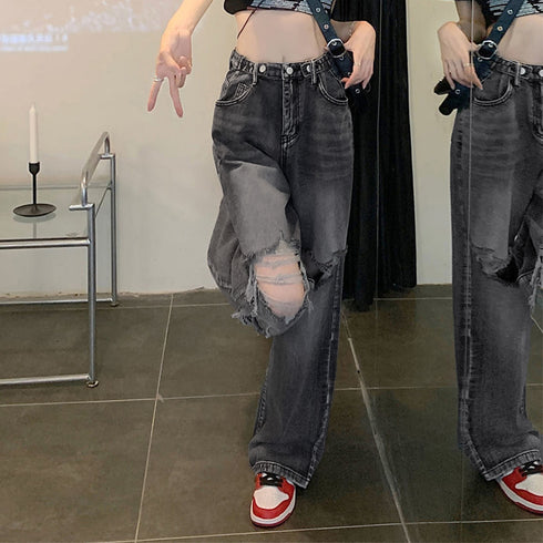 ダメージジーンズ レディースデニムパンツ 韓国ハイウエスト カジュアル ストレートジーンズ クラッシュデニムパンツ ウォッシュ加工 ストリート ジーパン おしゃれ 87BIXIN-001