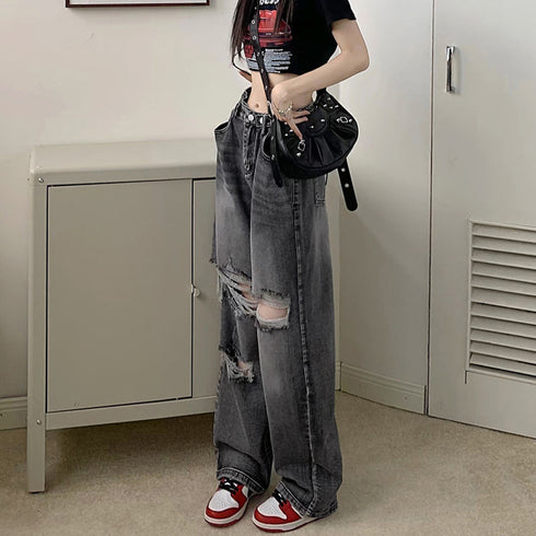 ダメージジーンズ レディースデニムパンツ 韓国ハイウエスト カジュアル ストレートジーンズ クラッシュデニムパンツ ウォッシュ加工 ストリート ジーパン おしゃれ 87BIXIN-001