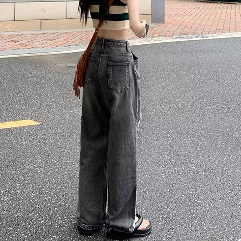 ダメージジーンズ レディースデニムパンツ 韓国ハイウエスト カジュアル ストレートジーンズ クラッシュデニムパンツ ウォッシュ加工 ストリート ジーパン おしゃれ 87BIXIN-001