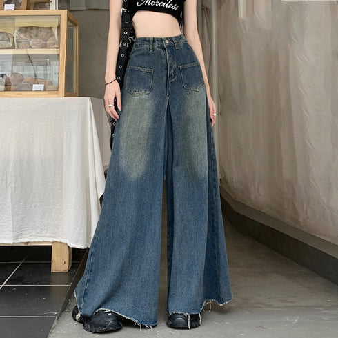 ワイドデニム レディースフレアパンツ韓国 ウォッシュ加工ジーンズ カットオフバギーパンツ ハイウエストスカンツ レトロジーンズ 美脚脚長 ヘムフレアデニムお洒落 87BIXIN-003
