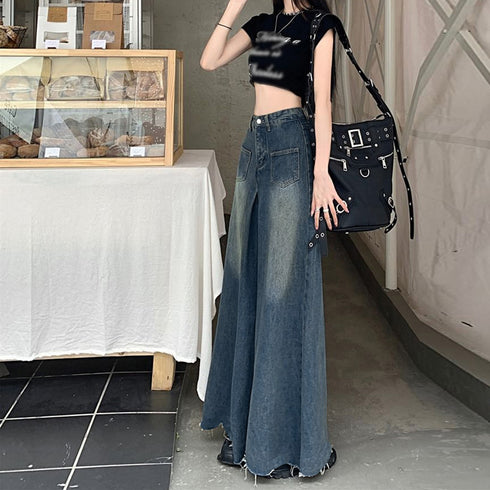 ワイドデニム レディースフレアパンツ韓国 ウォッシュ加工ジーンズ カットオフバギーパンツ ハイウエストスカンツ レトロジーンズ 美脚脚長 ヘムフレアデニムお洒落 87BIXIN-003