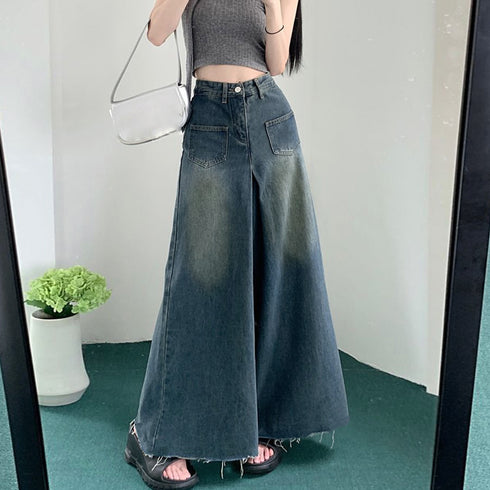 ワイドデニム レディースフレアパンツ韓国 ウォッシュ加工ジーンズ カットオフバギーパンツ ハイウエストスカンツ レトロジーンズ 美脚脚長 ヘムフレアデニムお洒落 87BIXIN-003
