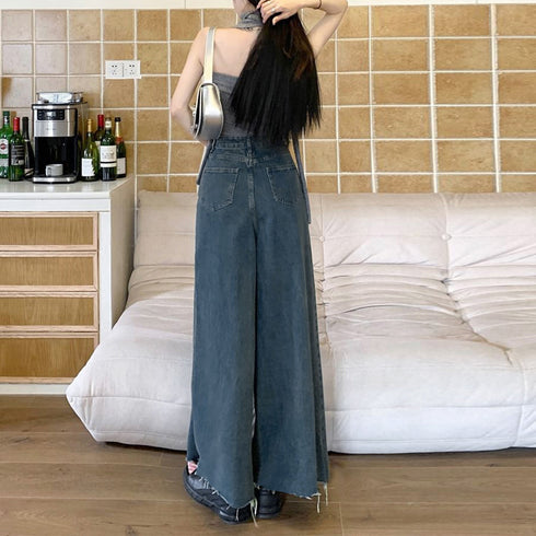 ワイドデニム レディースフレアパンツ韓国 ウォッシュ加工ジーンズ カットオフバギーパンツ ハイウエストスカンツ レトロジーンズ 美脚脚長 ヘムフレアデニムお洒落 87BIXIN-003