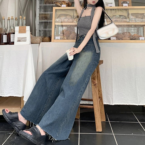 ワイドデニム レディースフレアパンツ韓国 ウォッシュ加工ジーンズ カットオフバギーパンツ ハイウエストスカンツ レトロジーンズ 美脚脚長 ヘムフレアデニムお洒落 87BIXIN-003