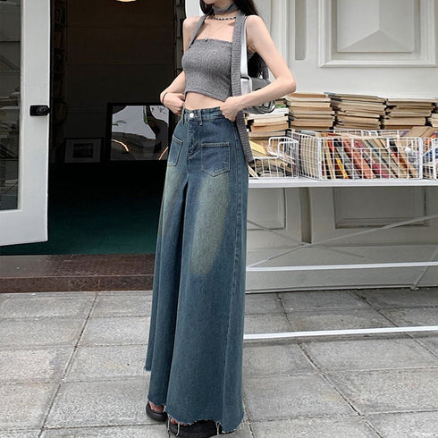 ワイドデニム レディースフレアパンツ韓国 ウォッシュ加工ジーンズ カットオフバギーパンツ ハイウエストスカンツ レトロジーンズ 美脚脚長 ヘムフレアデニムお洒落 87BIXIN-003