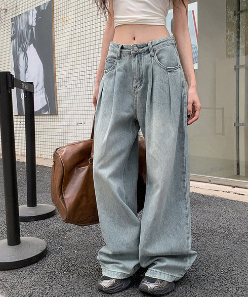 タックワイドデニムパンツレディース韓国風 ジーパン 着やせ スーパーワイドレッグ ロングパンツ 美脚脚長ワイドパンツ ゆったりジーンズおしゃれ 20代30代40代 87BJH-001