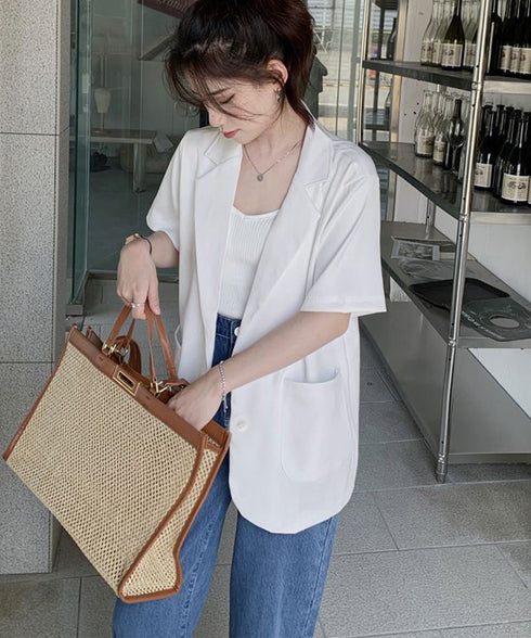 半袖テーラードジャケット レディース夏服 薄手ジャケットオフィスカジュアル 涼しいサマージャケット洗えるスーツ きれいめトップス 韓国風 羽織り20代30代40代 87BMY-001