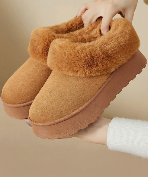 アンクルムートンブーツ厚底ファーシューズ ふわふわ フェイクファー冬靴 暖かいムートンシューズ レディース 裏起毛モカシン 歩きやすいフラットシューズ 防寒保温靴 87CHFENG-001