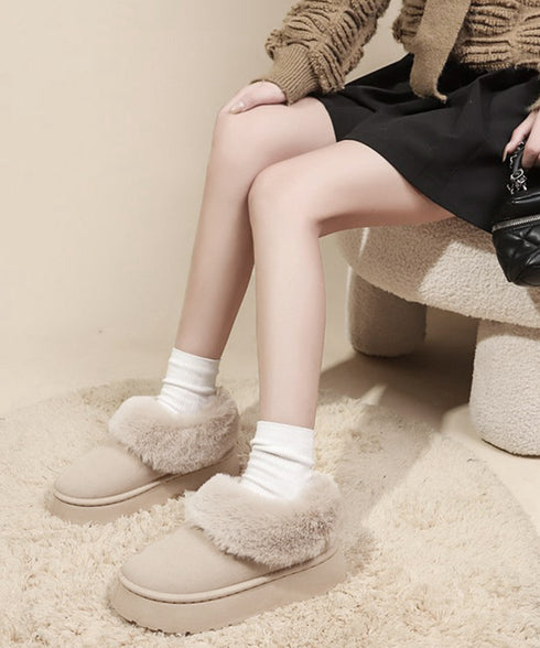 アンクルムートンブーツ厚底ファーシューズ ふわふわ フェイクファー冬靴 暖かいムートンシューズ レディース 裏起毛モカシン 歩きやすいフラットシューズ 防寒保温靴 87CHFENG-001