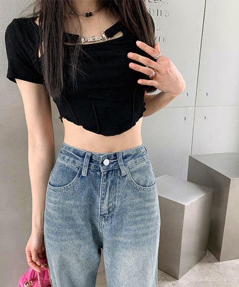 ヴィンテージデニムパンツ レディース韓国 レトロ風ジーンズ ハイウエスト ウォッシュデニム 美脚脚長 セミワイドパンツ フルレングス 着やせジーパン 体型カバー 87CHXN-001
