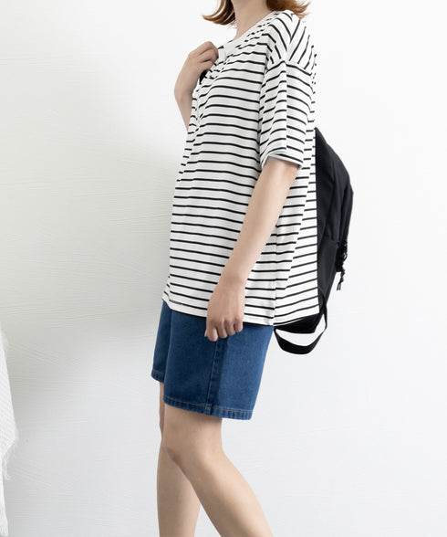 ボーダー柄tシャツ レディース 半袖夏服 ハーフジップTシャツ 5分袖 着やせ 体型カバーカットソー ゆったり 大人カジュアル プルオーバーラウンドネック 韓国風 87CHXN-003