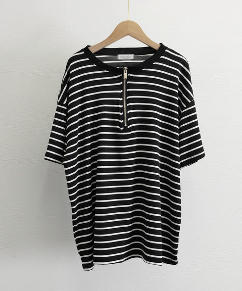 ボーダー柄tシャツ レディース 半袖夏服 ハーフジップTシャツ 5分袖 着やせ 体型カバーカットソー ゆったり 大人カジュアル プルオーバーラウンドネック 韓国風 87CHXN-003