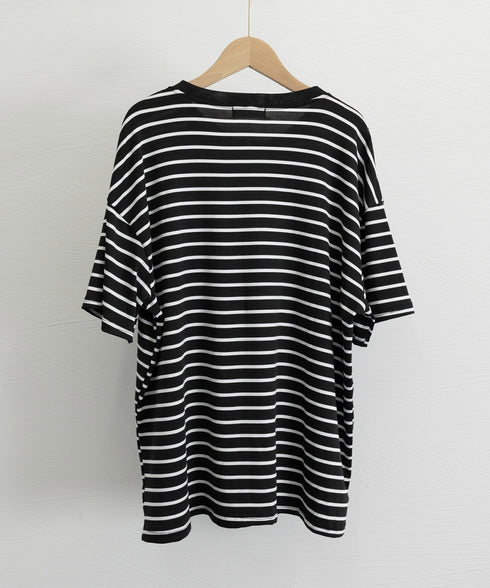 ボーダー柄tシャツ レディース 半袖夏服 ハーフジップTシャツ 5分袖 着やせ 体型カバーカットソー ゆったり 大人カジュアル プルオーバーラウンドネック 韓国風 87CHXN-003