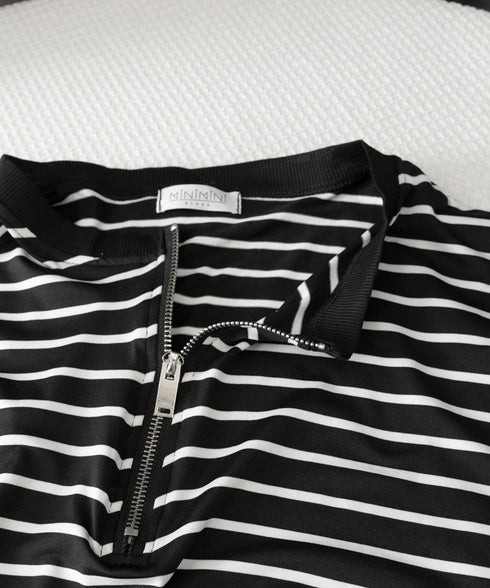 ボーダー柄tシャツ レディース 半袖夏服 ハーフジップTシャツ 5分袖 着やせ 体型カバーカットソー ゆったり 大人カジュアル プルオーバーラウンドネック 韓国風 87CHXN-003