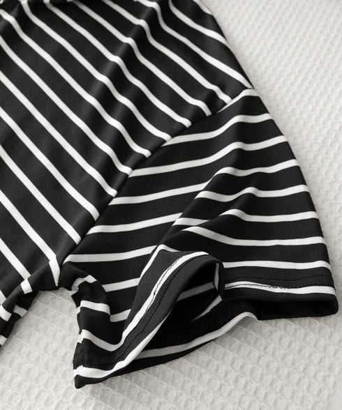 ボーダー柄tシャツ レディース 半袖夏服 ハーフジップTシャツ 5分袖 着やせ 体型カバーカットソー ゆったり 大人カジュアル プルオーバーラウンドネック 韓国風 87CHXN-003