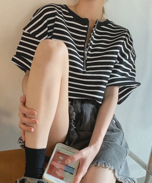 ボーダー柄tシャツ レディース 半袖夏服 ハーフジップTシャツ 5分袖 着やせ 体型カバーカットソー ゆったり 大人カジュアル プルオーバーラウンドネック 韓国風 87CHXN-003