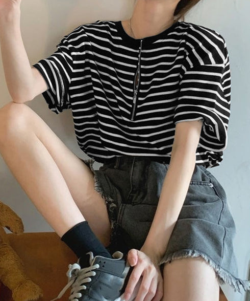 ボーダー柄tシャツ レディース 半袖夏服 ハーフジップTシャツ 5分袖 着やせ 体型カバーカットソー ゆったり 大人カジュアル プルオーバーラウンドネック 韓国風 87CHXN-003