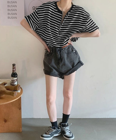 ボーダー柄tシャツ レディース 半袖夏服 ハーフジップTシャツ 5分袖 着やせ 体型カバーカットソー ゆったり 大人カジュアル プルオーバーラウンドネック 韓国風 87CHXN-003