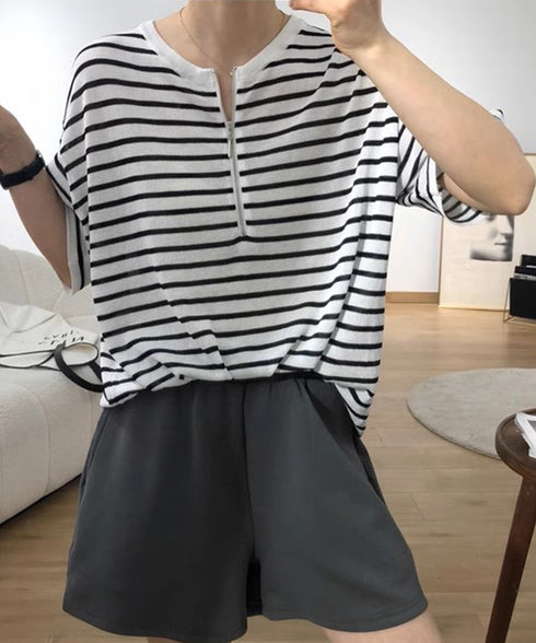 ボーダー柄tシャツ レディース 半袖夏服 ハーフジップTシャツ 5分袖 着やせ 体型カバーカットソー ゆったり 大人カジュアル プルオーバーラウンドネック 韓国風 87CHXN-003