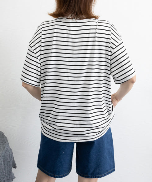 ボーダー柄tシャツ レディース 半袖夏服 ハーフジップTシャツ 5分袖 着やせ 体型カバーカットソー ゆったり 大人カジュアル プルオーバーラウンドネック 韓国風 87CHXN-003