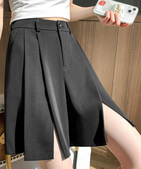 レディーススーツ風ショートパンツスリット 体型カバー ハーフパンツ着やせ プリーツショーパン 春夏きれいめ 通勤タックパンツ涼しい薄手キュロットパンツ バックゴム 87CHXN-004