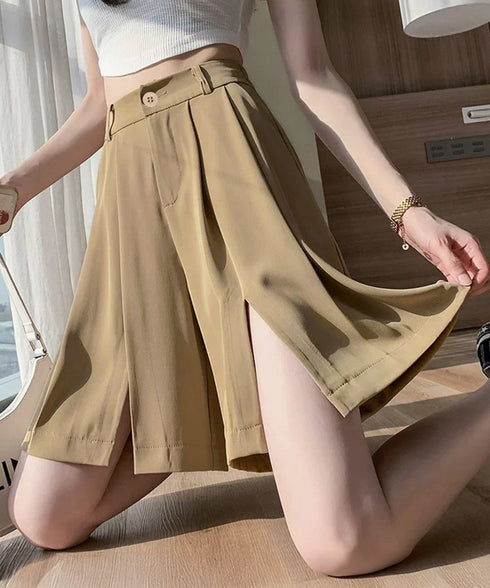 レディーススーツ風ショートパンツスリット 体型カバー ハーフパンツ着やせ プリーツショーパン 春夏きれいめ 通勤タックパンツ涼しい薄手キュロットパンツ バックゴム 87CHXN-004