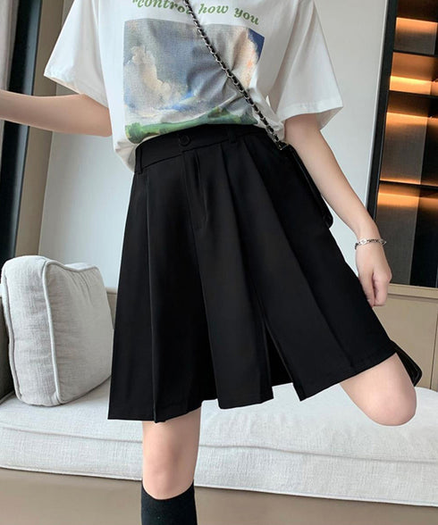 レディーススーツ風ショートパンツスリット 体型カバー ハーフパンツ着やせ プリーツショーパン 春夏きれいめ 通勤タックパンツ涼しい薄手キュロットパンツ バックゴム 87CHXN-004