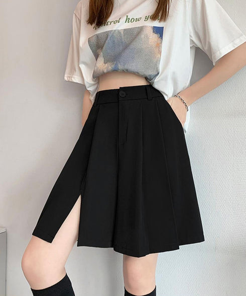 レディーススーツ風ショートパンツスリット 体型カバー ハーフパンツ着やせ プリーツショーパン 春夏きれいめ 通勤タックパンツ涼しい薄手キュロットパンツ バックゴム 87CHXN-004