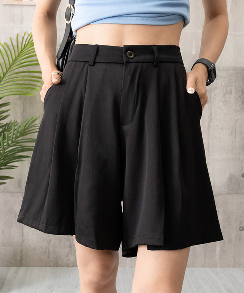 レディーススーツ風ショートパンツスリット 体型カバー ハーフパンツ着やせ プリーツショーパン 春夏きれいめ 通勤タックパンツ涼しい薄手キュロットパンツ バックゴム 87CHXN-004