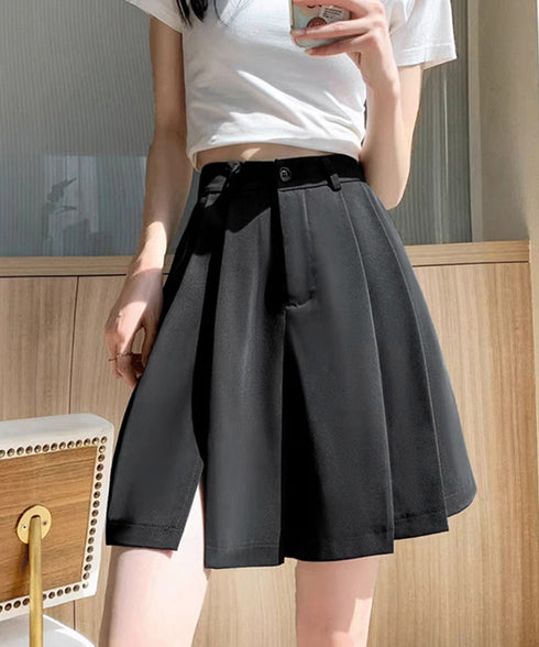 レディーススーツ風ショートパンツスリット 体型カバー ハーフパンツ着やせ プリーツショーパン 春夏きれいめ 通勤タックパンツ涼しい薄手キュロットパンツ バックゴム 87CHXN-004