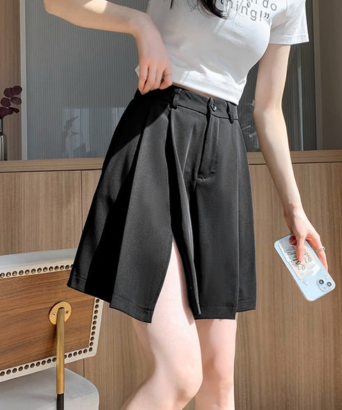 レディーススーツ風ショートパンツスリット 体型カバー ハーフパンツ着やせ プリーツショーパン 春夏きれいめ 通勤タックパンツ涼しい薄手キュロットパンツ バックゴム 87CHXN-004