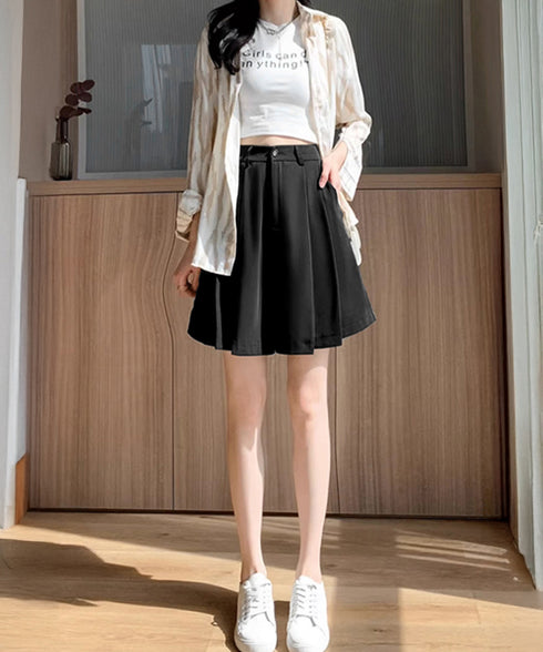 レディーススーツ風ショートパンツスリット 体型カバー ハーフパンツ着やせ プリーツショーパン 春夏きれいめ 通勤タックパンツ涼しい薄手キュロットパンツ バックゴム 87CHXN-004