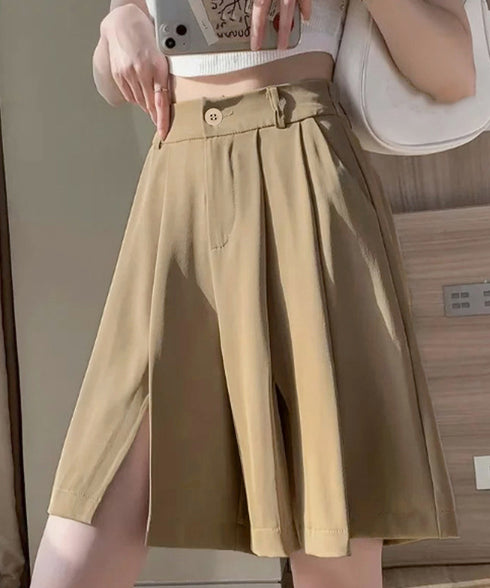 レディーススーツ風ショートパンツスリット 体型カバー ハーフパンツ着やせ プリーツショーパン 春夏きれいめ 通勤タックパンツ涼しい薄手キュロットパンツ バックゴム 87CHXN-004