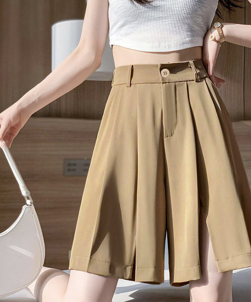 レディーススーツ風ショートパンツスリット 体型カバー ハーフパンツ着やせ プリーツショーパン 春夏きれいめ 通勤タックパンツ涼しい薄手キュロットパンツ バックゴム 87CHXN-004