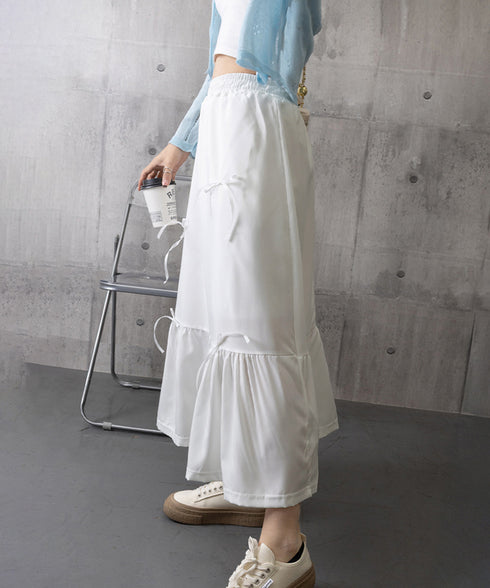 リボンティアードスカート ロングスカート レディース韓国風フレアスカート ハイウエスト 春夏大人可愛いミモレスカート きれいめカジュアル 体型カバースカート着やせ 87CHXN-006