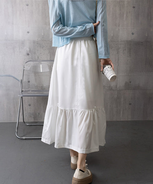 リボンティアードスカート ロングスカート レディース韓国風フレアスカート ハイウエスト 春夏大人可愛いミモレスカート きれいめカジュアル 体型カバースカート着やせ 87CHXN-006
