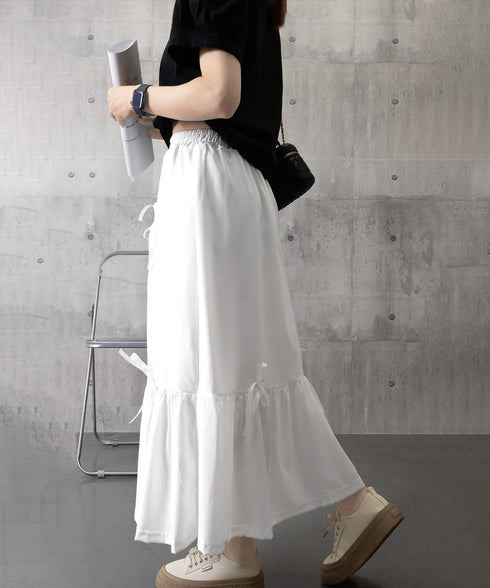 リボンティアードスカート ロングスカート レディース韓国風フレアスカート ハイウエスト 春夏大人可愛いミモレスカート きれいめカジュアル 体型カバースカート着やせ 87CHXN-006
